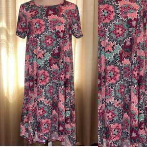 LuLaRoe Carly Dress Women’s Small Floral Pink Green White High Low Short Sleeve